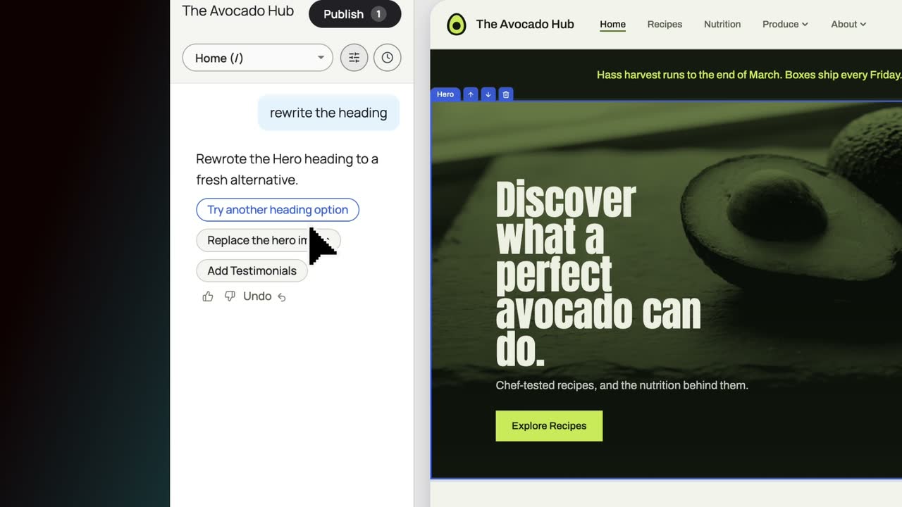 Avocado Studio: a chat reply beside the rewritten hero of a live page